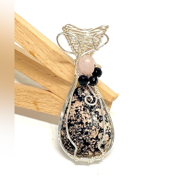 HANDMADE Firework Obsidian, Rose Quartz and Faceted Crystal Hand Wrapped Pendant - Picture 3 of 10